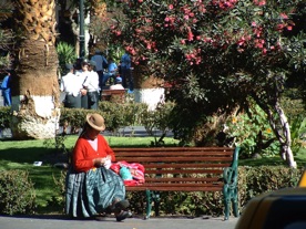 Assise sur un banc de la place d'Armes cette femme tricote &hellip;
