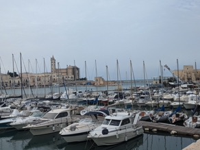 TRANI 
dont le port est enserr&eacute; entre de belles digues de pierre blonde